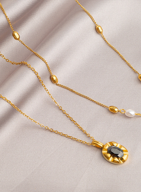 UNBEATEN法式复古黑宝石项链女小众轻奢珍珠豆豆锁骨链叠戴毛衣链