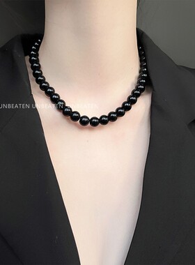 unbeaten简约黑珍珠项链女毛衣链