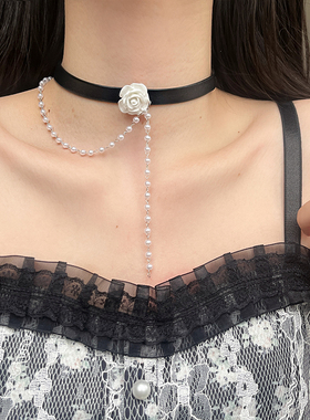 UNBEATEN玫瑰花珍珠流苏黑色choker项圈锁骨链小众颈链项链配饰女