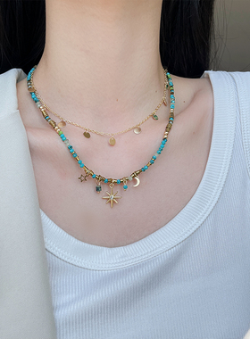 UNBEATEN复古叠戴串珠项链女波西米亚太阳花轻奢锁骨链2025年新款