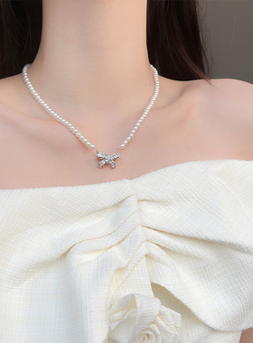 UNBEATEN珍珠蝴蝶结项链女2025新款轻奢小众锁骨链法式高级感颈链