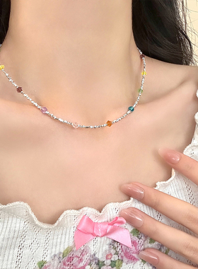 多巴胺彩色水晶串珠碎银子项链
