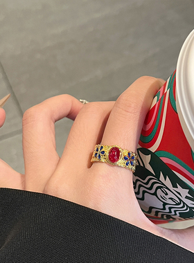 宫廷风复古金色珐琅竹节戒指女新中式轻奢高级感可调节食指戒指环