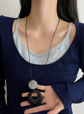 天然黑玛瑙石黑绳项链女长款吊坠新中式设计高级感新款毛衣链配饰
