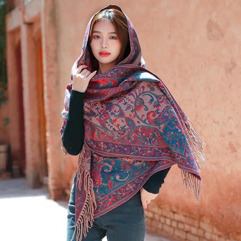 拍照好美~红色旅游围巾青海西藏沙漠民族风仿羊绒保暖披肩女斗篷-图2