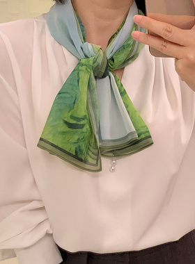 百搭绿色油画仿真丝丝巾女长条配衬衣西装领巾绑包飘带细窄围巾