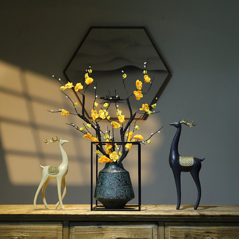 新中式轻奢陶瓷花瓶禅意摆件客厅玄关仿真梅花铁艺复古家居软装饰,淘宝优惠券,粉丝福利购,淘宝优惠卷