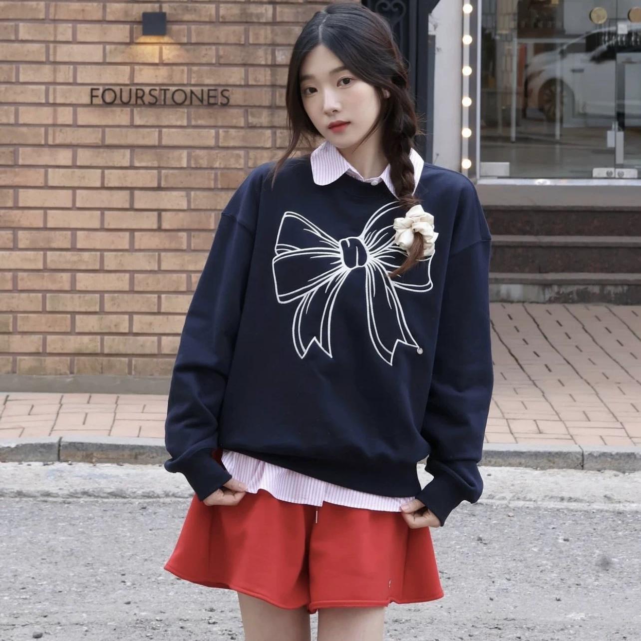 【官方正品】ronron卫衣女宋雨琦同款蝴蝶结圆领上衣连帽宽松长袖 - 图3