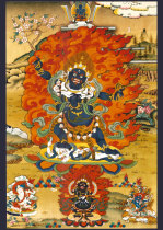 Portrait of Vajrapani with four arms subduing demons. Photo paper printing and double-sided plastic sealing. Tantra Thangka Buddha painting poster production.