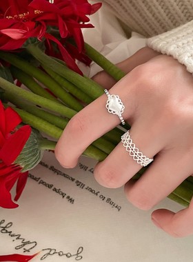 韩系甜美爱心蕾丝花边纯银戒指女小众高级感开口可调节食指戒