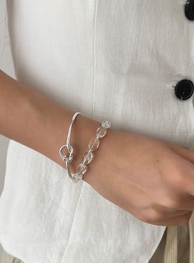 s925纯银夏季椭圆随形不规则天然白水晶手串银手链时尚轻奢冷淡