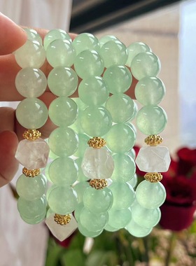 12MM大颗粒夏日清凉薄荷绿石英岩玉手链天然白水晶手串配饰