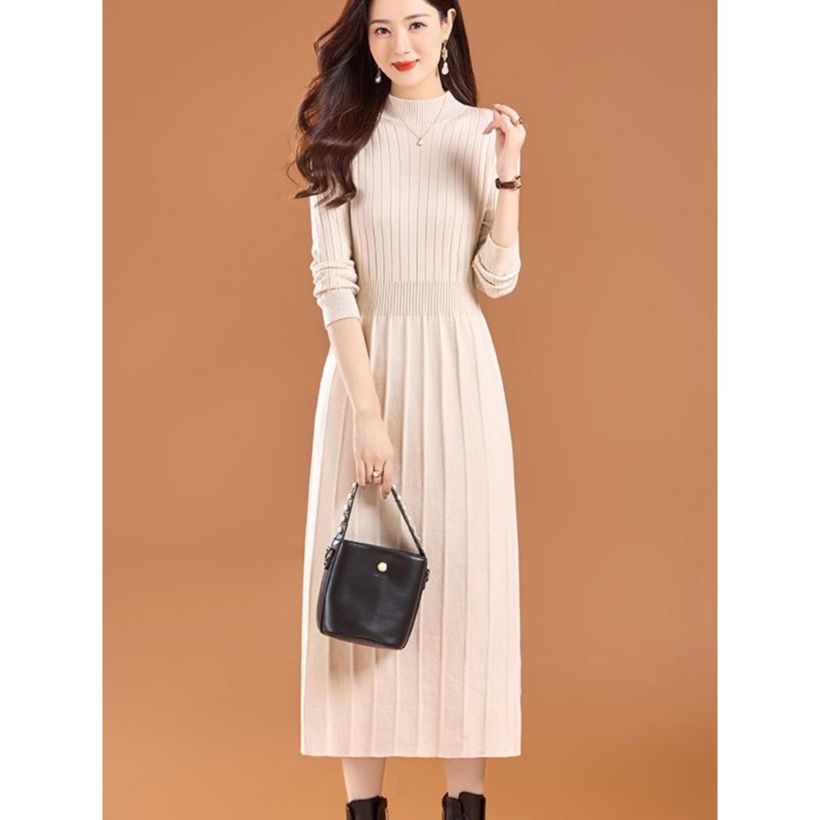 毛衣裙中长款女装秋冬配大衣的羊毛打底裙春秋内搭过膝针织连衣裙 - 图0