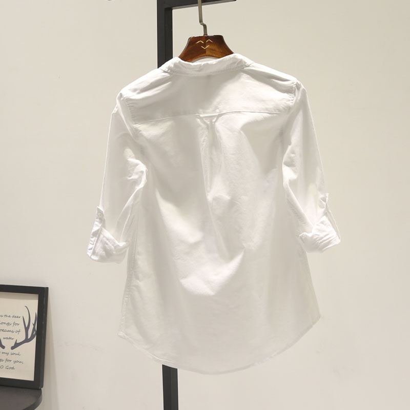 基础款百搭显瘦打底白色衬衣女春秋冬翻领长袖简约单口袋衬衫女 - 图0
