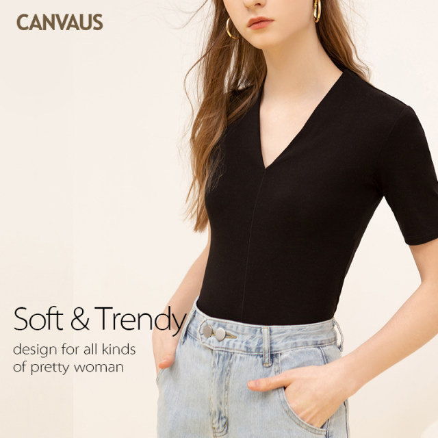 Fashionable cotton V-neck half-sleeved slim T-shirt for women