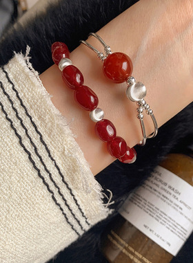 S925纯银天然红玛瑙猫眼银珠手链