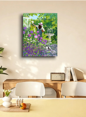BinaS法式花园喂鸽少女猫咪紫球花丛白鸽喷泉繁花无框画装饰挂画