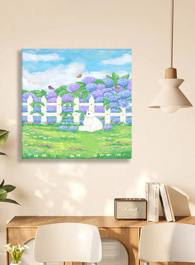 无框画fifteenfeb蓝绣球花白猫彩蝶清新治愈儿童房卧室装饰画挂画