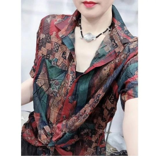 短袖衬衫女2025夏季新款女装大码宽松显瘦衬衣时尚设计感印花上衣