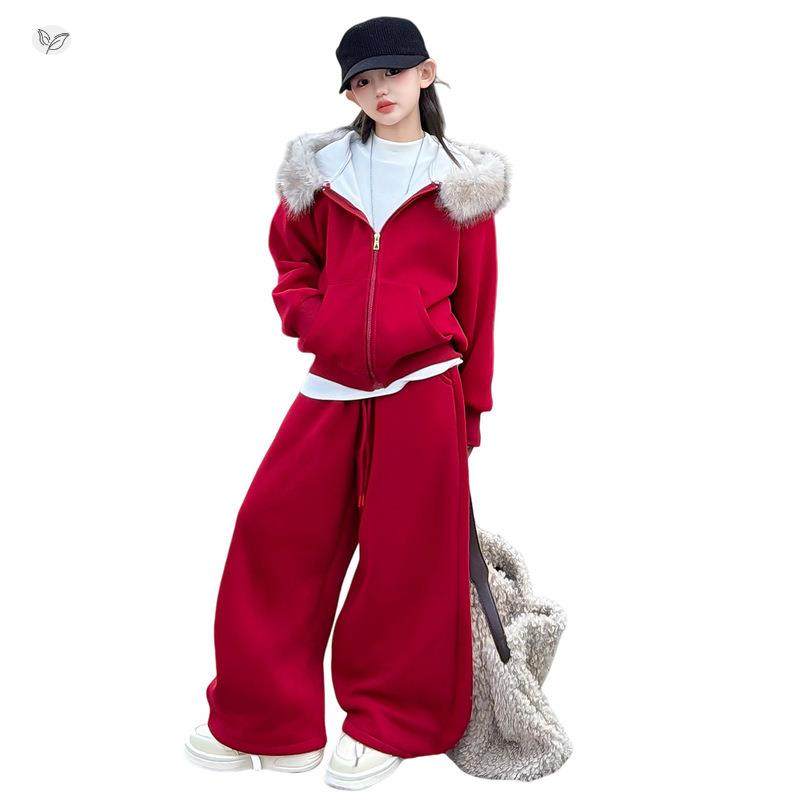 女童225年冬季新款大毛领连帽卫衣卫裤拜装年服套女0大童新春喜气,淘宝优惠券,粉丝福利购,淘宝优惠卷