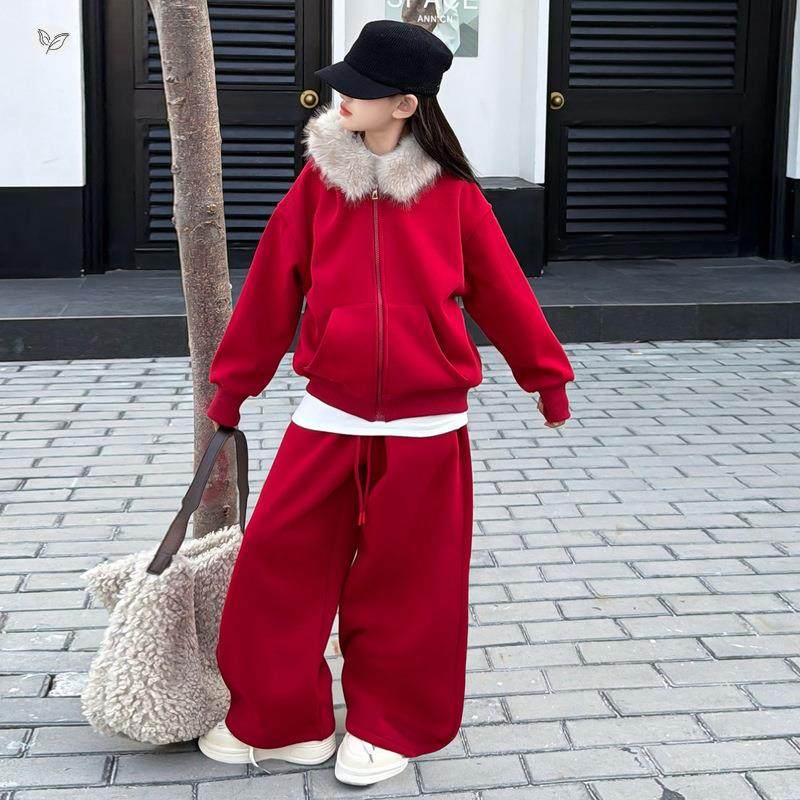 女童225年冬季新款大毛领连帽卫衣卫裤拜装年服套女0大童新春喜气,淘宝优惠券,粉丝福利购,淘宝优惠卷