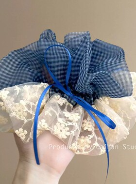 雾屿蓝楹~法式蕾丝云纱双拼大肠发圈感蝴蝶结丸子头绳发绳女