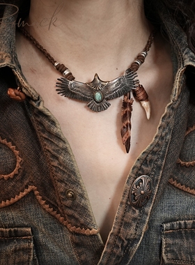 手工925银项链印第安纳瓦霍银鹰手工皮雕羽毛项链狗牙复古饰品