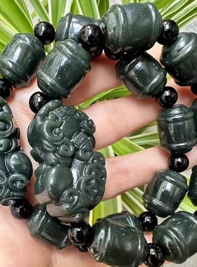 竹节手珠玉石节节高升皮休手串男女款新疆和田玉青玉金钱貔貅手链