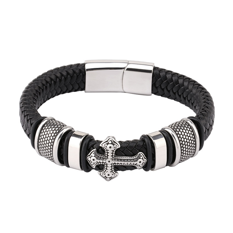 欧美黑武士十字架手链男士皮绳编织手绳钛钢潮人霸气文化创意手环,淘宝优惠券,粉丝福利购,淘宝优惠卷