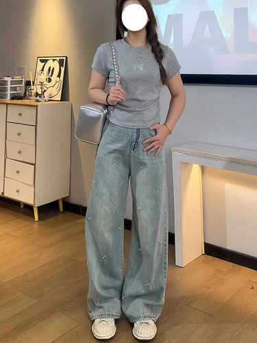 微胖穿搭高腰牛仔裤女春秋大码胖mm宽松显瘦直筒裤刺绣阔腿长裤子 - 图2