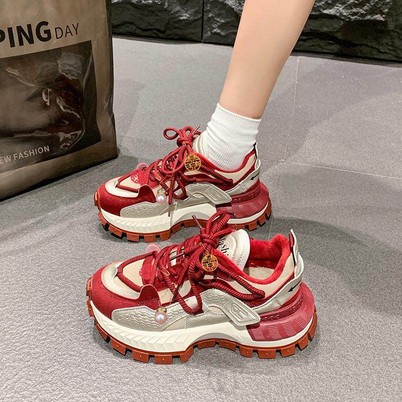 禾秀婚鞋女2025年新款秋冬加绒红色新娘鞋子不累脚厚底老爹运动鞋,淘宝优惠券,粉丝福利购,淘宝优惠卷