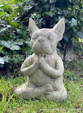 跨境外贸款花园装饰冥想狗法斗犬树脂摆件禅坐静思工艺品园艺摆饰