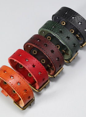 简约创意镂空五角星复古牛皮手链 欧美风朋克摇滚个性手镯配饰