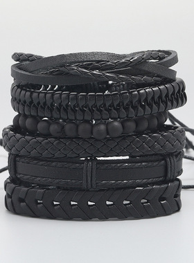 跨境复古男士牛皮手链套装