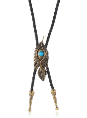 欧美热销配饰简约复古羽毛吊坠波洛领带项链长款可调节PU编织领带