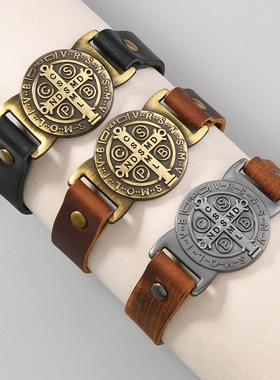 男士牛皮十字架可调手链