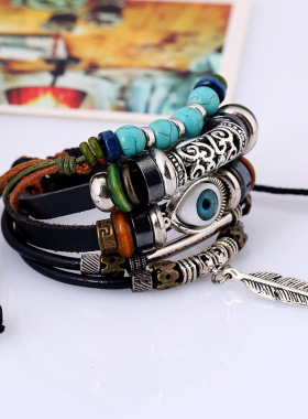 串珠牛皮民族风手链多层