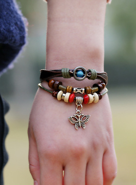 欧美多层编织蝴蝶吊坠手链