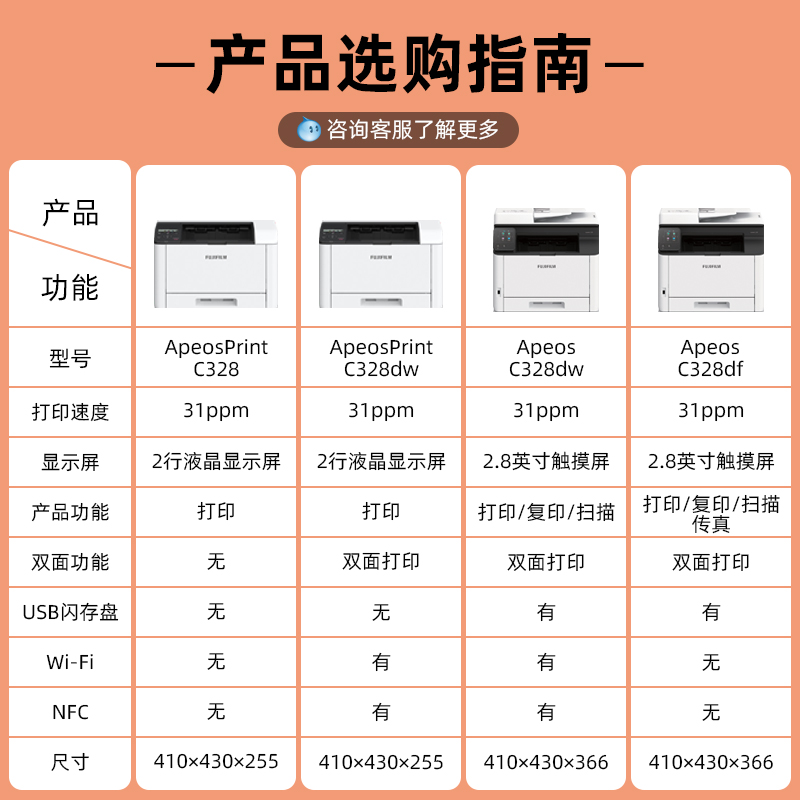 富士施乐彩色激光打印机办公用Apeos C328dw无线wifi复印一体机