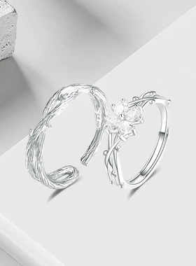 s999纯银森系简约荆棘四叶草心形对戒小众时尚高级设计感情侣戒指