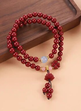 朱砂手链女双圈莲花女貔貅吊坠复古简约朱砂福袋手串本命年礼物