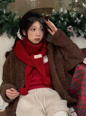 新年红色毛球针织围巾女2025冬季纯色百搭加厚保暖护颈毛线围脖潮
