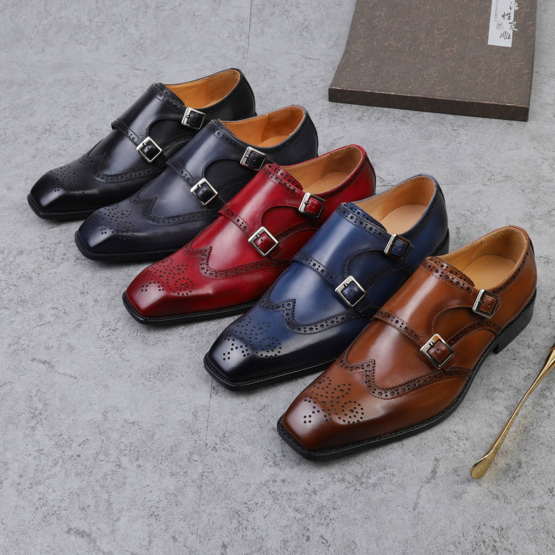 洛玛缇克品牌直销店新款布洛克皮鞋男正装真皮搭扣韩版英伦固特异手工孟克鞋婚鞋0
