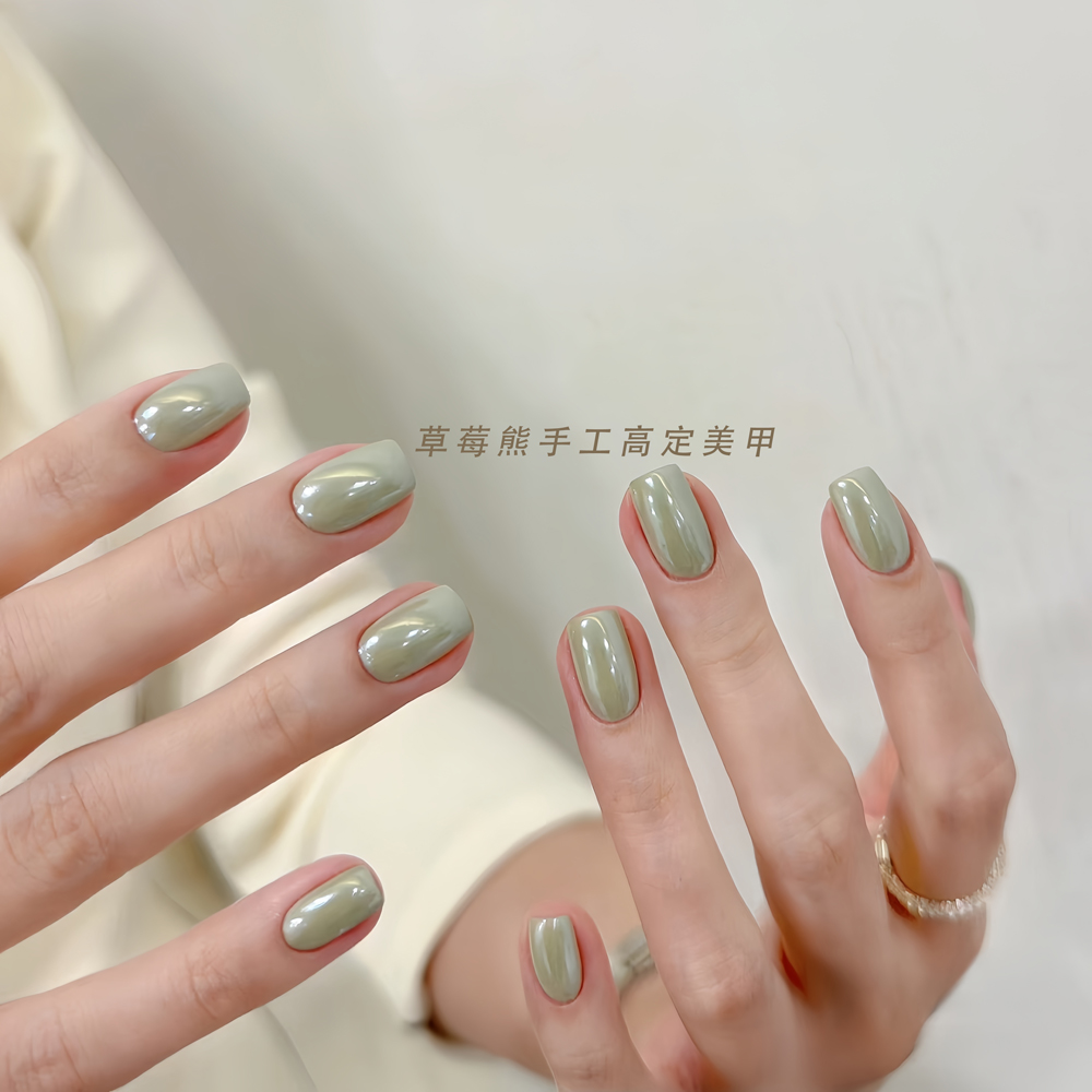 纯手工定制欧美网红奶绿裸色欧美纯色高级穿戴甲美甲成品婚甲孕妇 - 图0