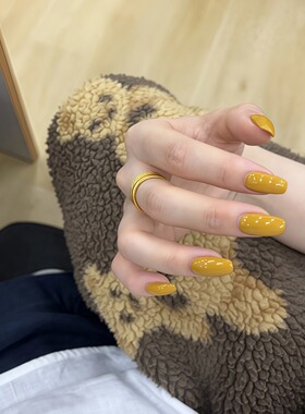 绝美秋季新款假指甲贴片姜黄色简约单色手工光疗美甲成品可穿戴甲