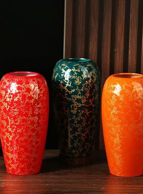 黑色高档仿陶瓷烫金花瓶客厅招财乔迁高档中式红韵餐桌装饰最新款