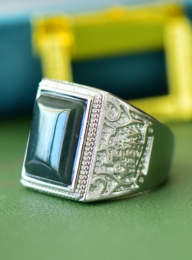 铜镶嵌和田玉青玉方形时尚戒指