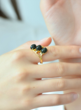 古法金和田玉青玉时尚戒指  超闪锆石新款潮气质轻奢高级百搭指环