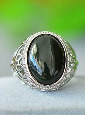 铜镶嵌和田玉青玉蛋面时尚戒指墨玉指环玉石手饰生日礼物