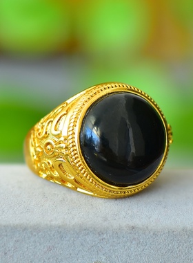 沙金镶嵌和田玉青玉圆鼓面时尚戒指墨玉指环节日礼物